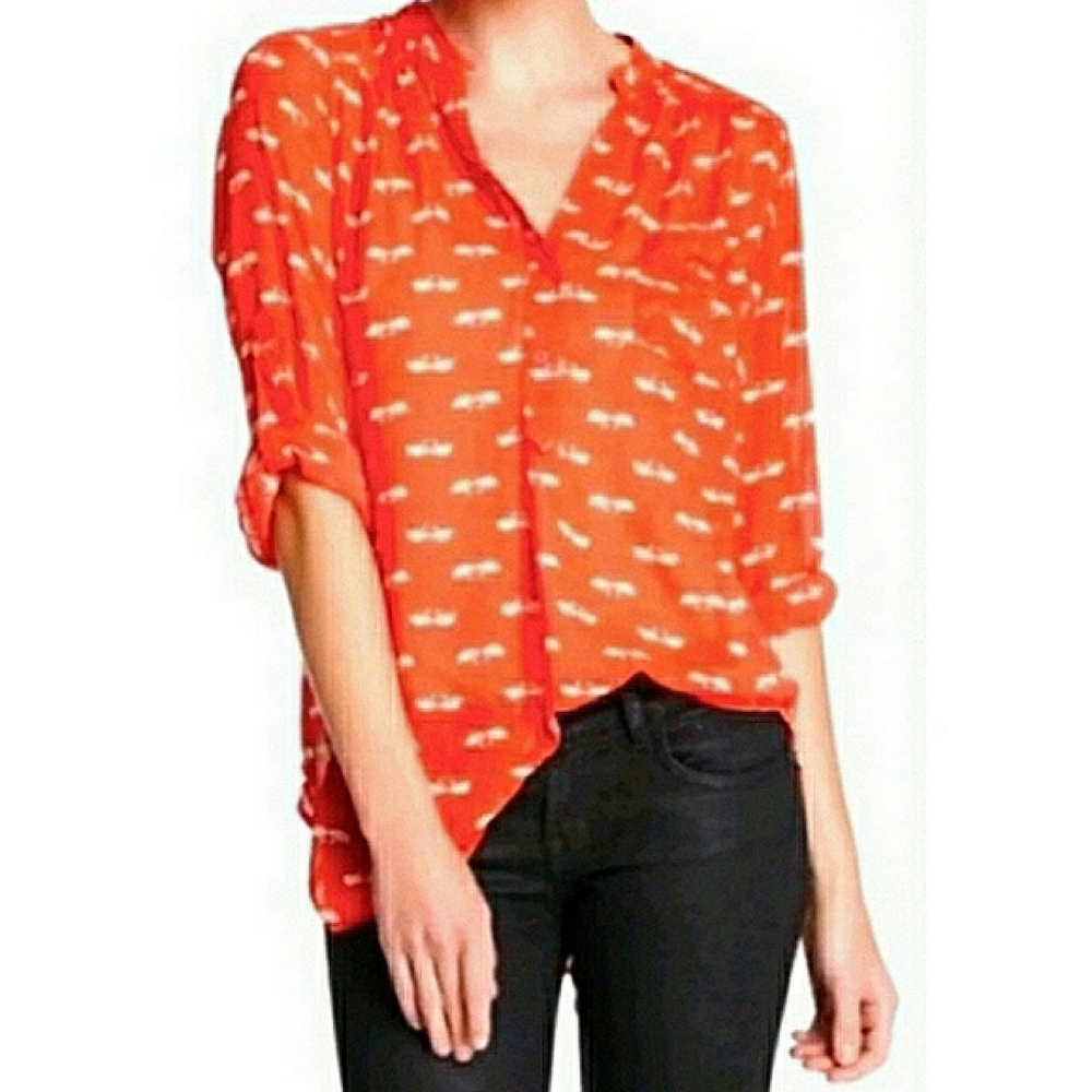 Anthropologie Pleione Swan Print Mandarin Collar Blouse Tunic Red Orange S - Picture 3 of 15